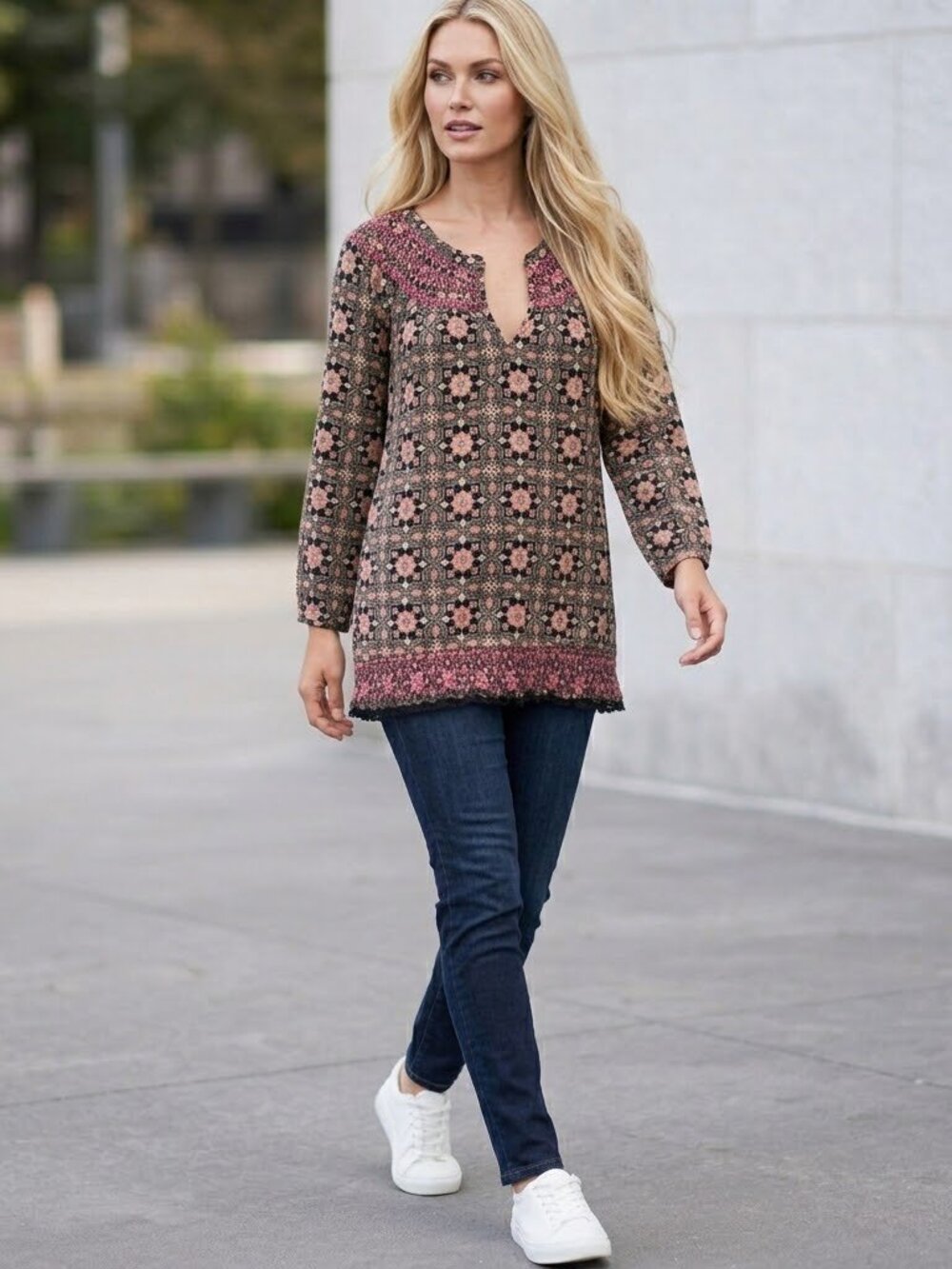 LUCKY BRAND Women's Top S Boho Tile Embroidered Smocked Pullover Size S